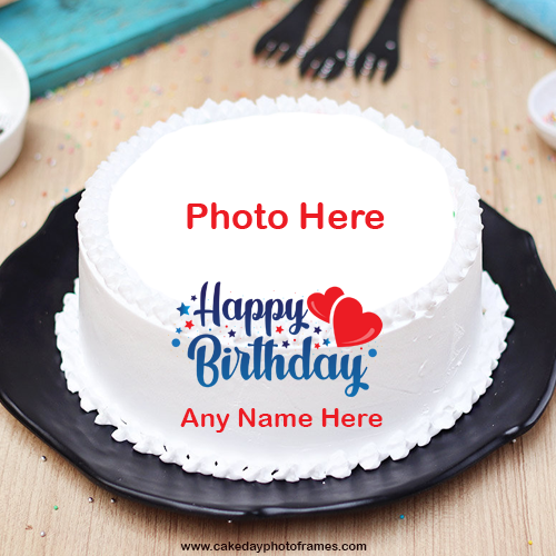 White Hearts Birthday Cake with Name and Photo | cakedayphotoframes